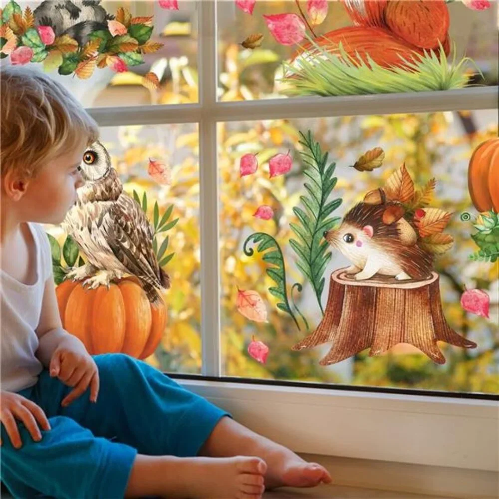 Fall Woodland Animals Window Clings -Fox, Owl, Raccoon, Pumpkin & Autumn Sticker